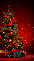 A Christmas tree with colorful ornaments and lights surrounded by a red background with sparkling lights