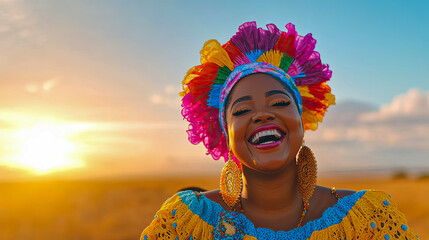 Radiant Black woman in vivid, multi-colored traditional headdress and crochet dress, joyfully laughing at warm, golden hour sunset outdoors