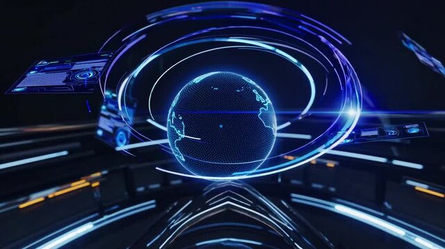Futuristic holographic globe with digital interface rings and data streams. - Powered by Adobe