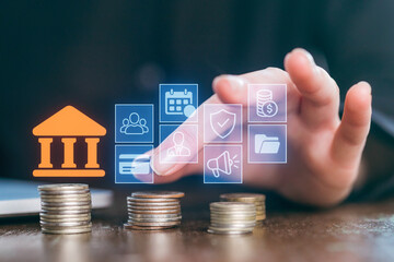 Digital banking concept with coins and financial icons representing savings and transactions