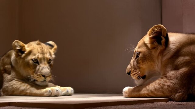 Two lion cubs interacting closely in a soft lit environment, wildlife photo