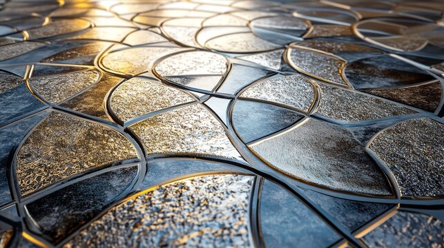 Detailed view of a luxurious metallic tile pattern with intricate texture and abstract design - Powered by Adobe