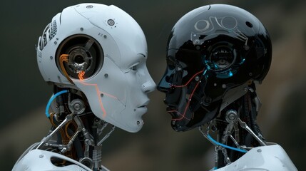 Fototapeta premium Humanoid robot ai hologram sharing knowledge with human, symbolizing future of agi and autonomy.