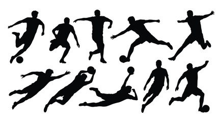 Obraz premium Set of soccer player silhouettes vector illustration of diverse action poses isolated on white background for sports design
