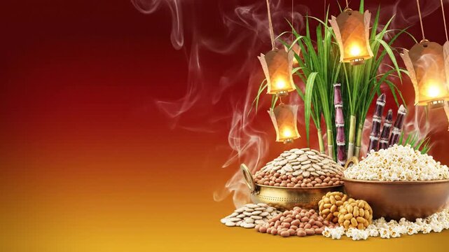 lohri banner video, Lohri celebration elements sugarcane, rewri, gajak, popcorn bowl, softly glowing lanterns floating