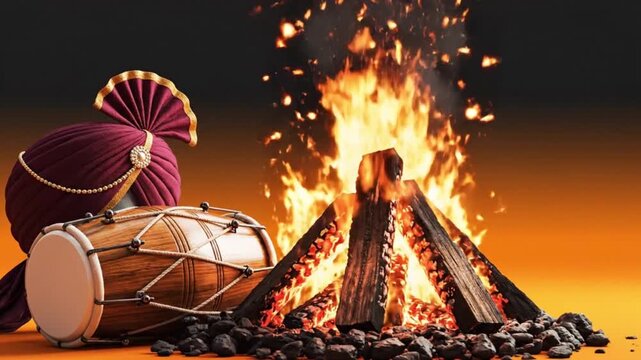 lohri banner video, bonfire burning in center with ember flickers, traditional Punjabi turban and dhol placed near fire