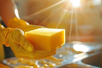 In a warm kitchen, sunlight streams in as hands in yellow gloves hold a bright yellow sponge. The scene captures a moment of cleaning and freshness, highlighting the importance of everyday chores