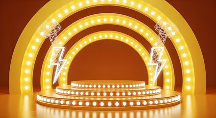 Circular Stage with Marquee Lights and Lightning Bolt Decor, Award Ceremony Presentation Podium