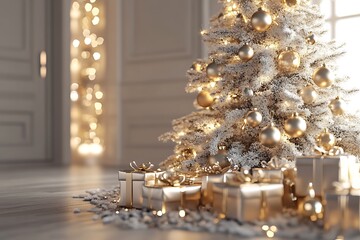 3D render of a glossy Christmas tree with metallic ornaments, soft lighting, and detailed gift boxes 