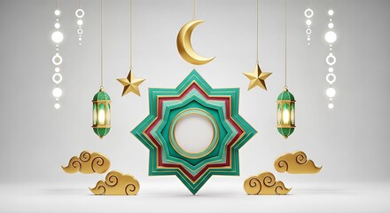 Ramadan Kareem Islamic Decoration with Crescent Moon, Star, Lanterns, and Geometric Art