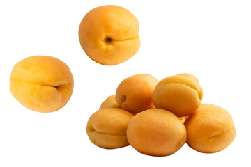 Ripe juicy orange apricots isolated on white background.