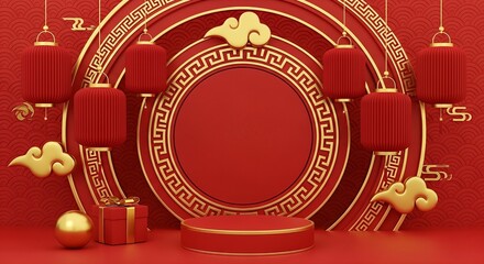 Chinese New Year Red Gold Podium Background, Lunar Celebration, Festive Stage