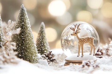 A close-up of a snow globe with a tiny reindeer standing in a snowy forest