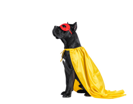 Flying Cane Corso Superhero Mid-Air with Blue Cape, Dynamic Side Angle, isolated on transparent background