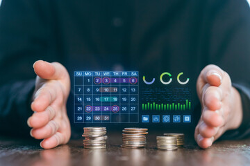 Financial planning with virtual calendar and coins displayed on a wooden table, symbolizing budgeting and investment
