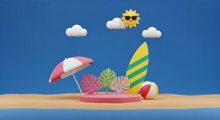 Summer Beach Vacation Paradise Scene Sun, Surfboard, Umbrella, Tropical Leaves