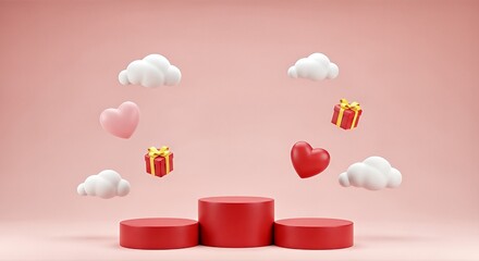Romantic Valentine's Day Podium with Hearts, Gifts and Clouds