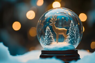 A close-up of a snow globe with a tiny reindeer standing in a snowy forest