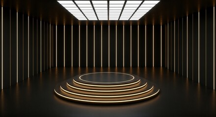 Luxury Dark Stage with Golden Illuminated Podium and Modern Ceiling Lights