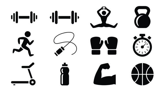 Set of fitness and exercise icons simple glyph vector design elements for gym training and healthy lifestyle isolated on white background