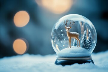 A close-up of a snow globe with a tiny reindeer standing in a snowy forest