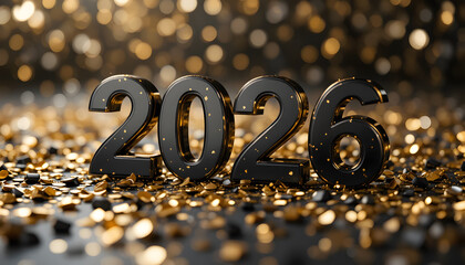 Black 2026 lettering surrounded by sparkling golden confetti a celebratory new year s display