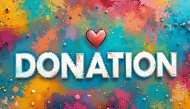 Colorful banner with a donation call, heart icon, and bold text
