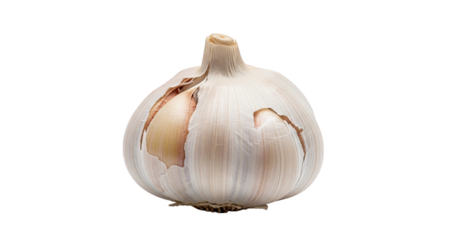 Single garlic bulb with partially peeled papery skin, revealing tightly packed cloves—intact, fresh, and ideal for culinary or botanical reference
