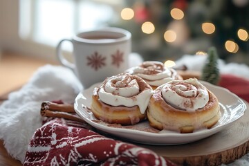 A cozy breakfast scene with cinnamon rolls, hot cocoa, and a Christmas napkin 