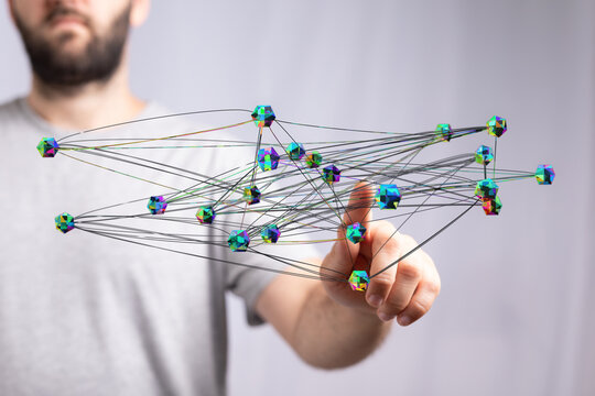 Person points at 3D data network concept. Technology illustration of digital connections, global business, team