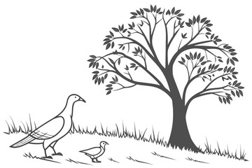 Birds Under Tree Coloring Page | Nature Outline