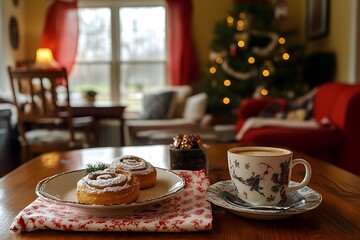 A cozy breakfast scene with cinnamon rolls, hot cocoa, and a Christmas napkin 