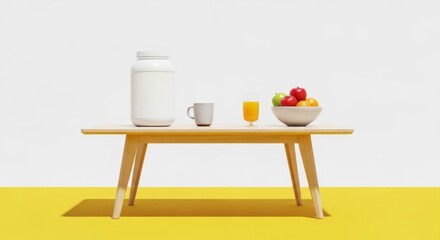 Modern kitchen table with yogurt, fruit, and drinks on yellow background  