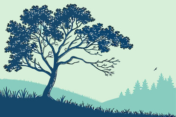 Blue Tree Landscape Print | Serene Forest Hills Wall Art