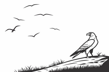 Eagle on Cliff & Flying Birds Print | Black & White Nature Art