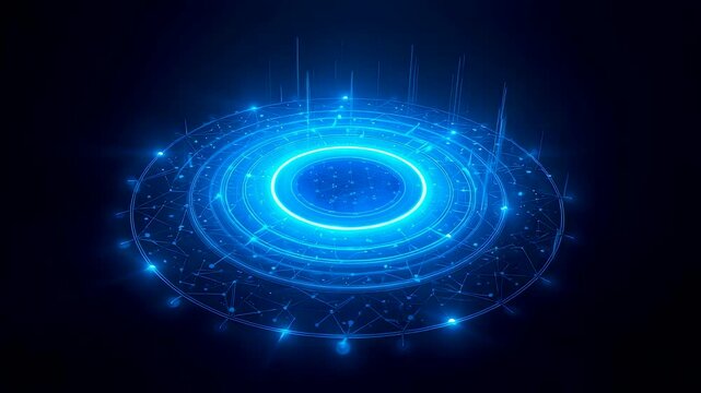 Blue glowing circular energy ring with radiant particles forming layered digital waves and shimmering patterns across a dark space creating a dynamic tech scene