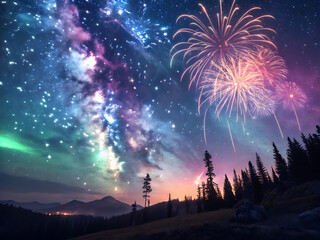 fireworks and milky way generative ai
