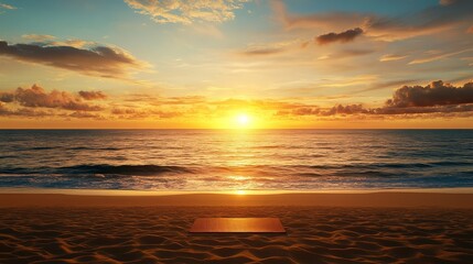 Ocean sunrise over wavy sand beach with yoga mat facing bright setting sun