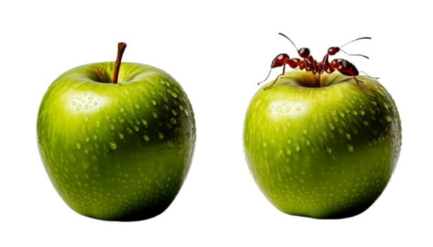 Fresh green apple and red ant interaction pair bundle isolated on transparent background - Powered by Adobe
