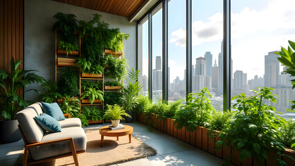 Urban Oasis: Modern Living Room with Indoor Vertical Garden, City View, Natural Light, and Stylish Furniture Design