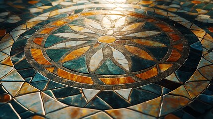 Intricate circular mosaic pattern with warm and cool tones, featuring a central floral design and textured surface