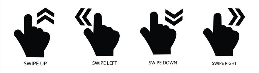 Swipe up icon. Hand pointing with arrows up, down, right, and left. Finger movement sign. Button for social media. Scroll or swipe