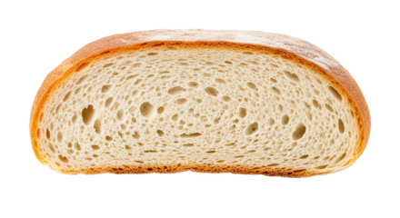 Half loaf of bread sliced vertically, showing golden-brown crust and airy, uniform crumb—ideal for culinary, baking, or texture analysis