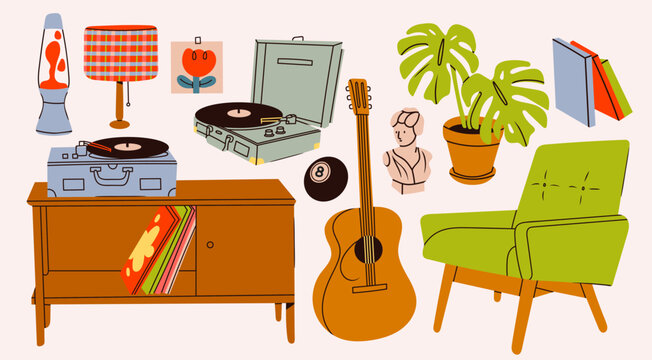 Vinyl record player, lava lamp, guitar, armchair, books, flower, statue, lamp, eight ball. Hand drawn Vector illustration. Home, retro style, music, interior, coziness concept. Isolated elements