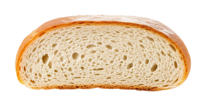 Half loaf of bread sliced vertically, showing golden-brown crust and airy, uniform crumb—ideal for culinary, baking, or texture analysis
