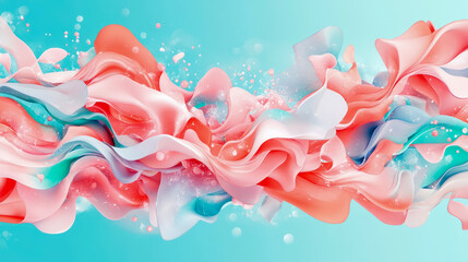Fototapeta premium Dynamic abstract composition of swirling coral, teal, and white fluid ribbons with sparkling bubbles against serene blue background, depicting harmonious blend of movement and color.