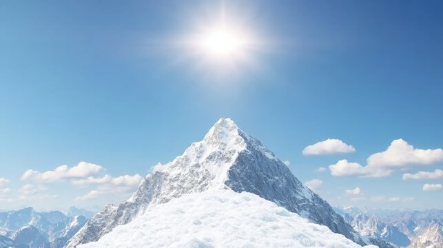 Bright sun shines above a majestic snow covered mountain peak under clear blue sky - Powered by Adobe