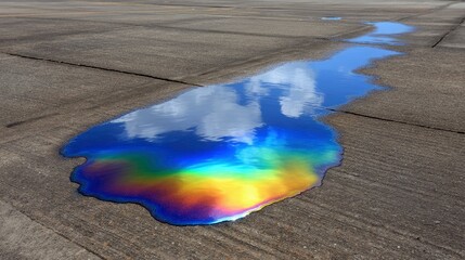 An oil slick with rainbow colors reflects white clouds and blue sky on a cracked concrete surface.