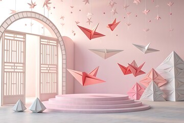 Soft pink stage with floating origami cranes and archway