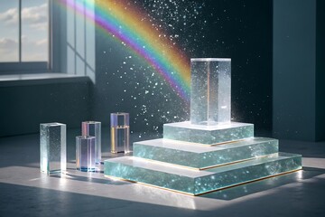 Prism refracts light into a rainbow over crystal blocks and particles
